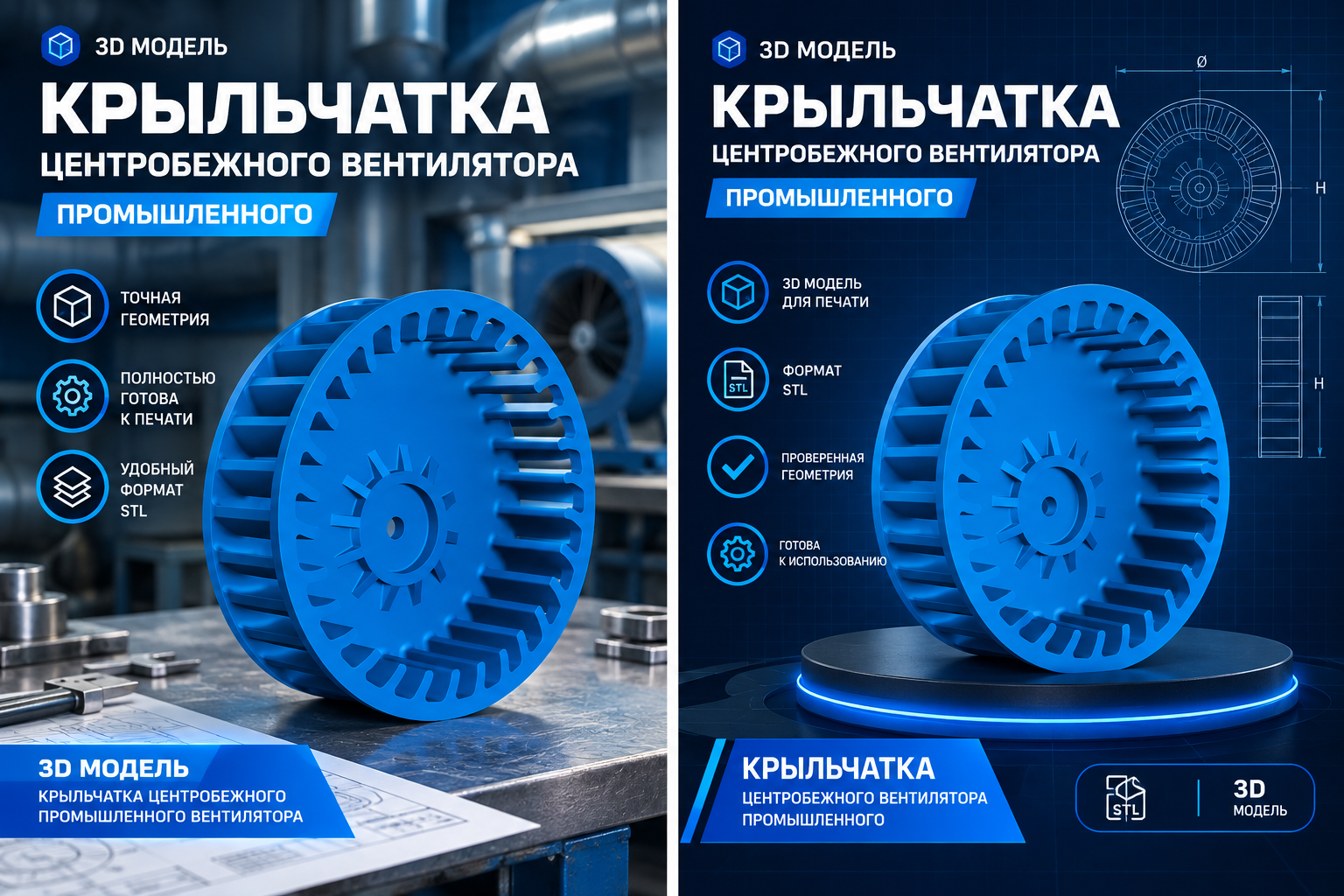 3D модель Крыльчатки центробежного промышленного вентилятора / Рабочее колесо радиального вентилятора (STL)