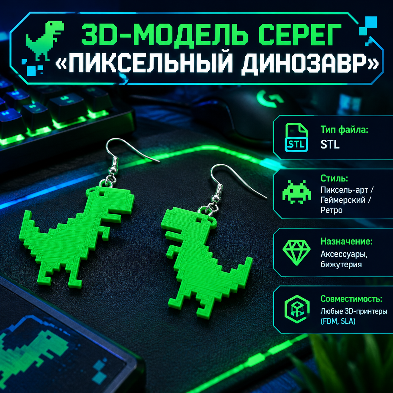3D-модель серьги «Пиксельный динозавр»