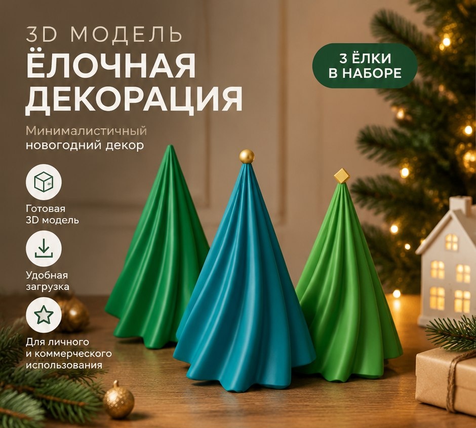 3D модель Новогодней декорации из трёх ёлок в стиле Япанди / Праздничная композиция для 3D-печати (STL)