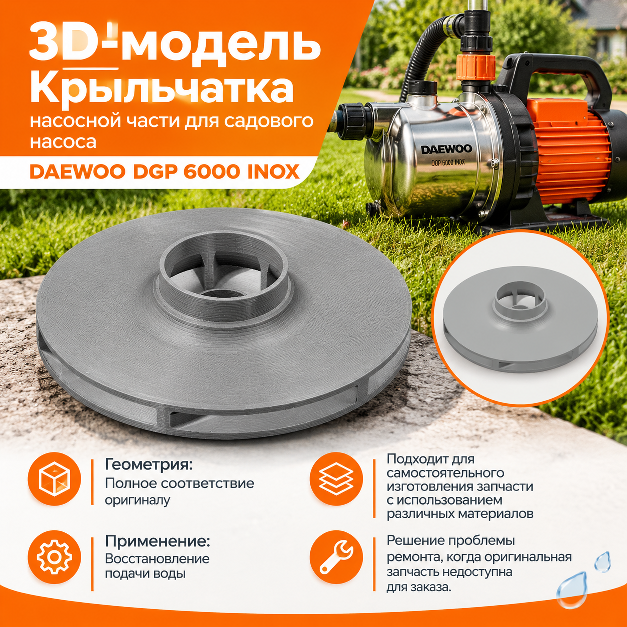 3D-модель Крыльчатка насосной части для садового насоса DAEWOO DGP 6000 INOX