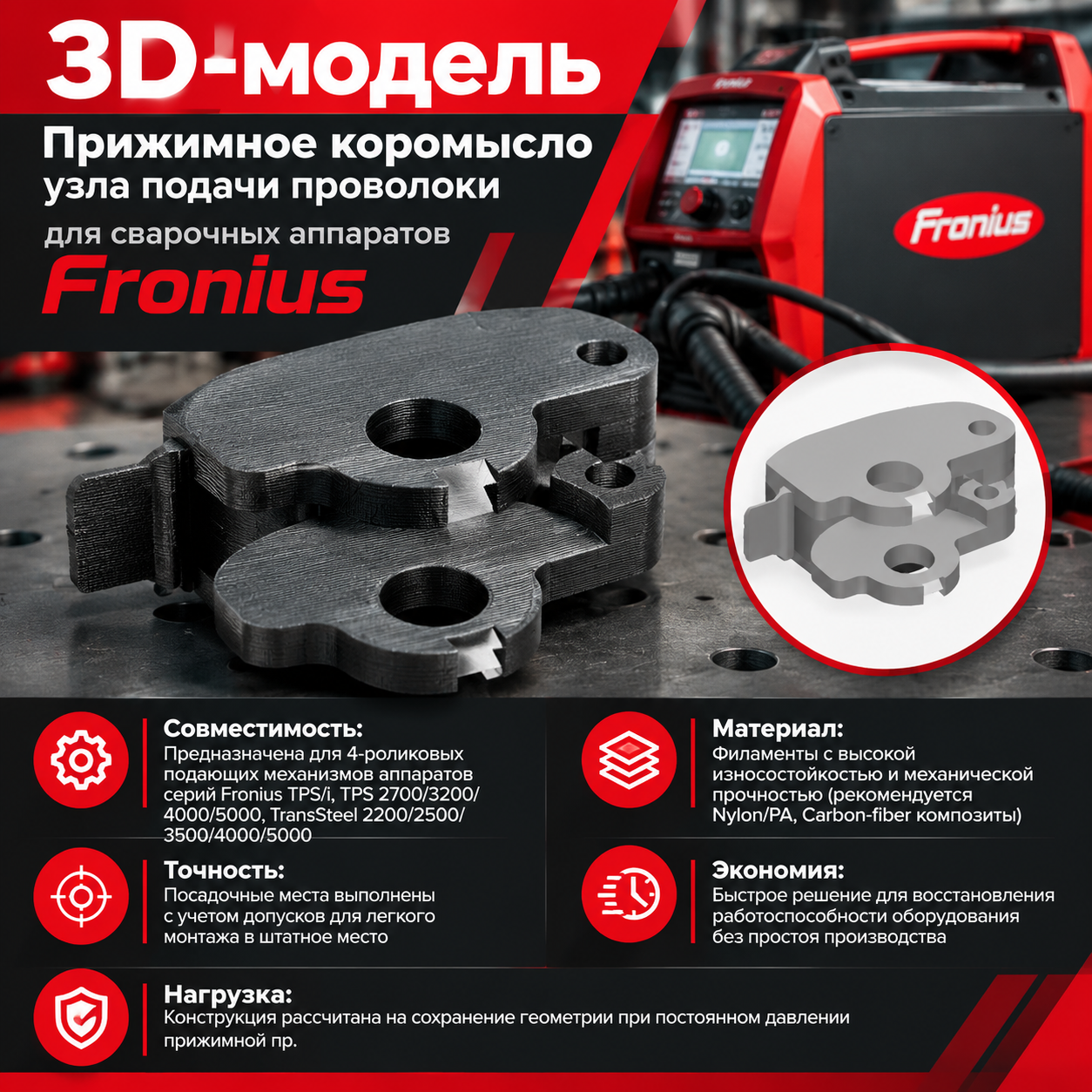 3D-модель Прижимное коромысло узла подачи проволоки для сварочных аппаратов Fronius