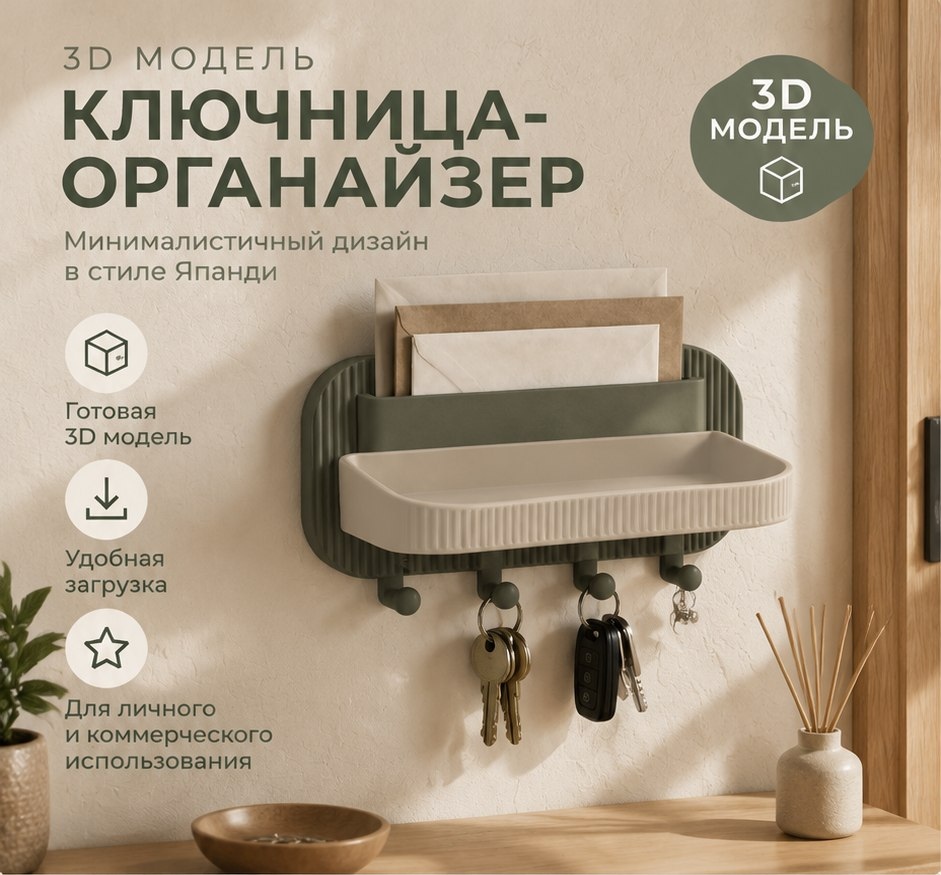 3D модель Ключницы-органайзера в стиле Япанди / Настенный держатель для ключей (STL