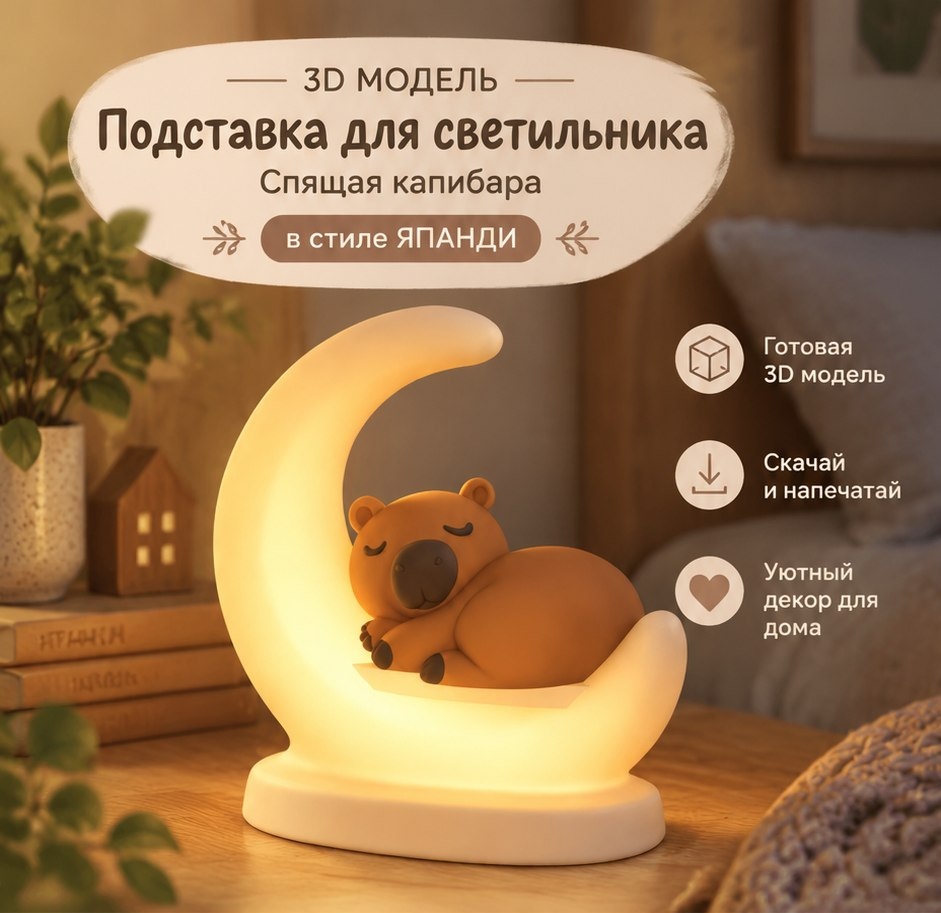 3D модель Светильника в детскую комнату в виде спящей капибары в стиле Япанди / Ночник для 3D-печати (STL)