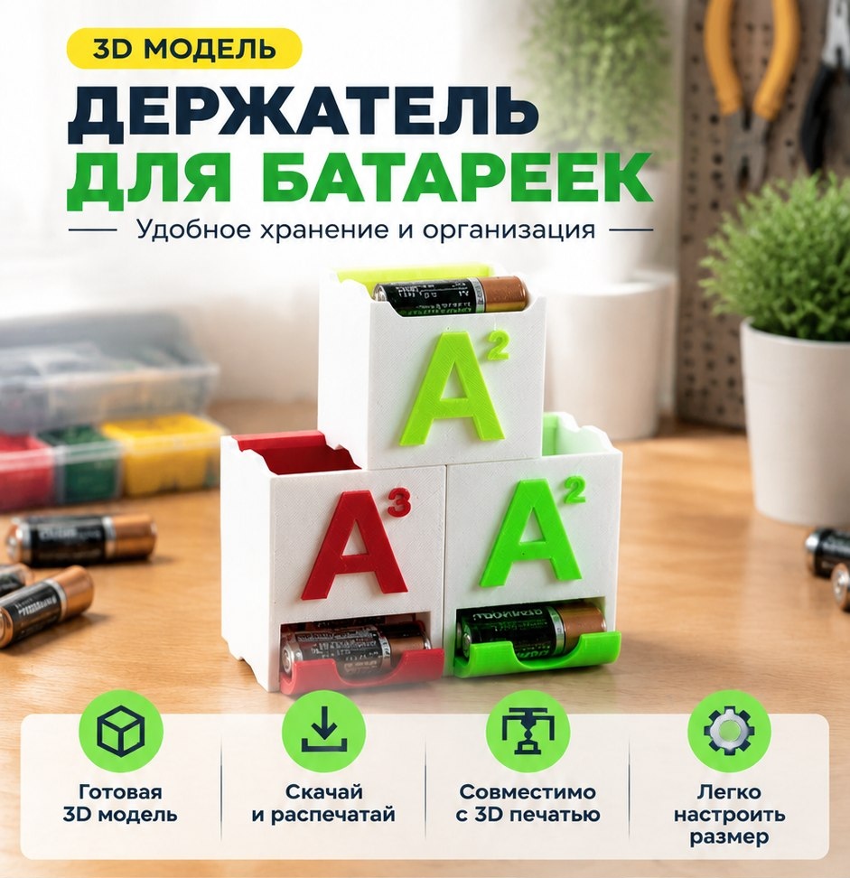3D модель Параметрического держателя для батареек / Органайзер для хранения элементов питания (STL)