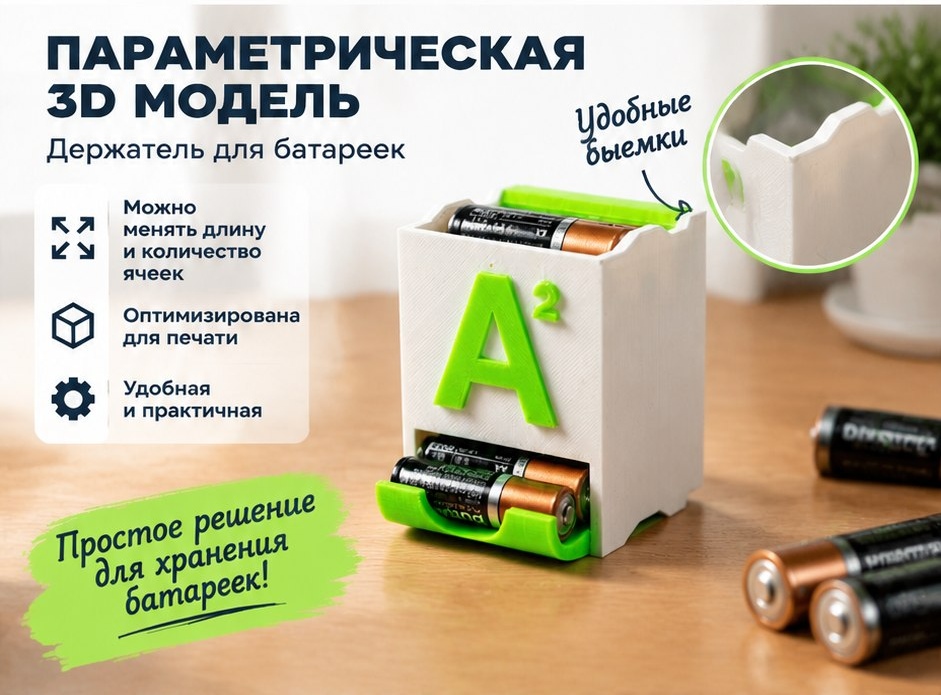 3D модель Параметрического держателя для батареек / Органайзер для хранения элементов питания (STL)