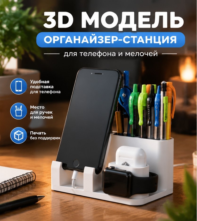 3D модель Станции-органайзера для телефона и мелочей на стол компьютера / Настольный органайзер, подставка (STL)
