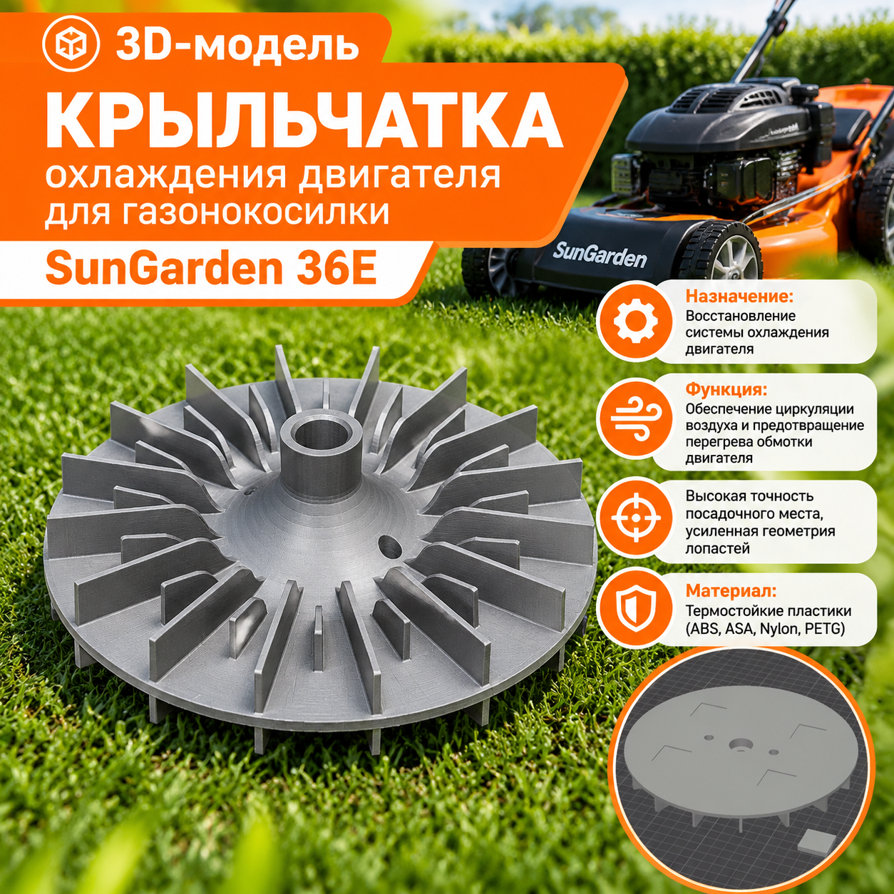 3D-модель Крыльчатка охлаждения двигателя для газонокосилки SunGarden 36E