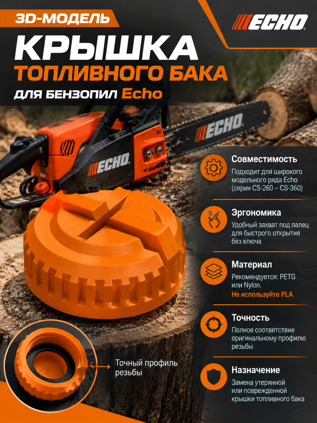 3D-модель Крышка топливного бака для бензопил Echo