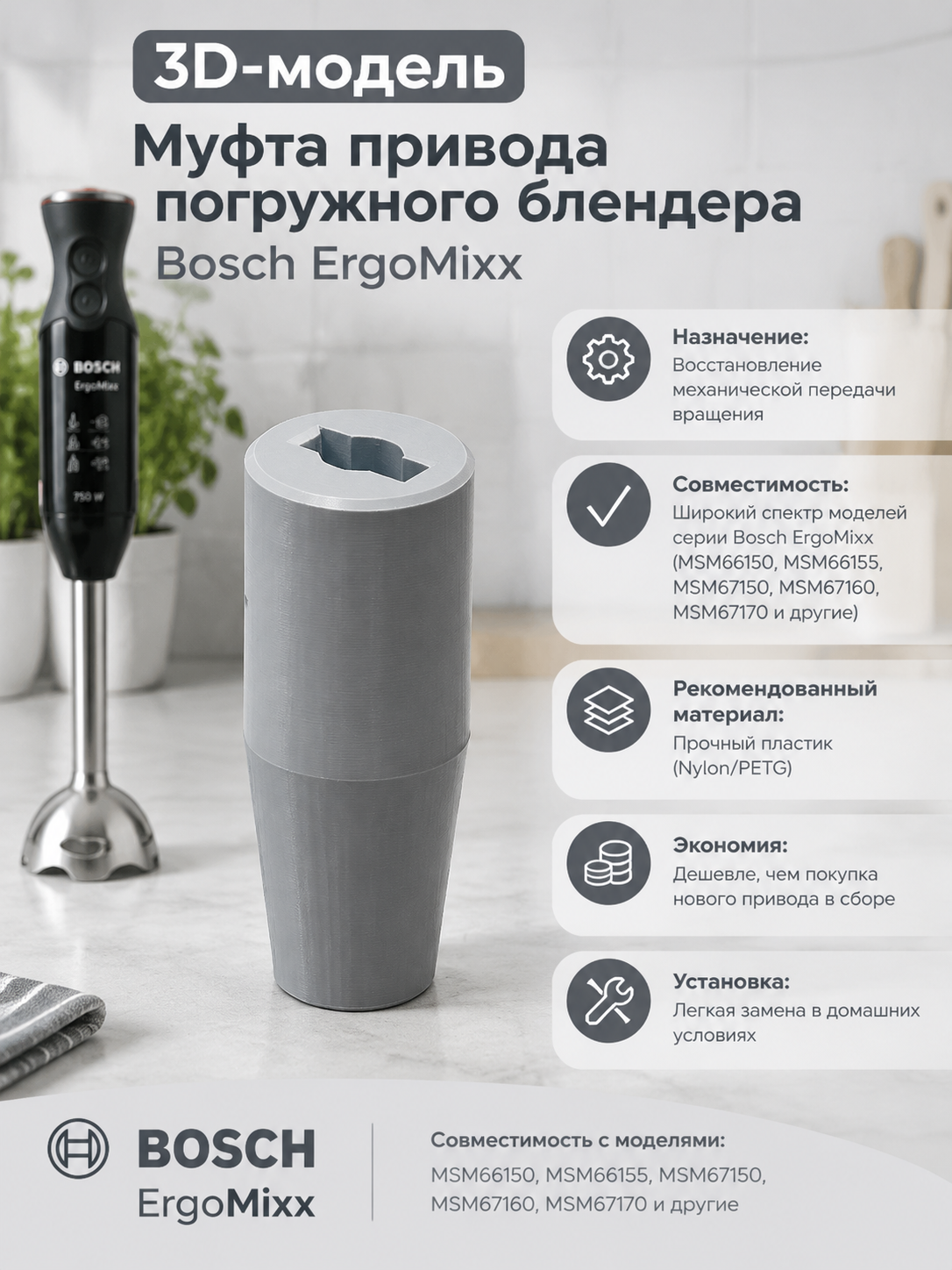 3D-модель  Муфта привода погружного блендера Bosch ErgoMixx