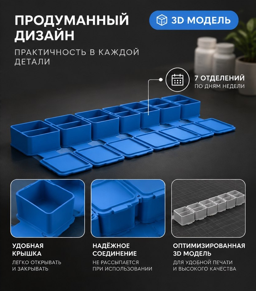 3D модель Таблетницы на 7 дней / Органайзер для лекарств, недельная доза (STL)