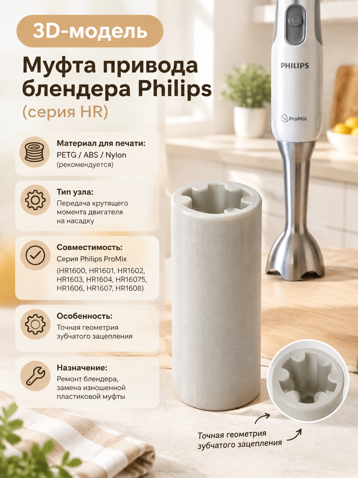 3D-модель муфты привода блендера Philips (серия HR)