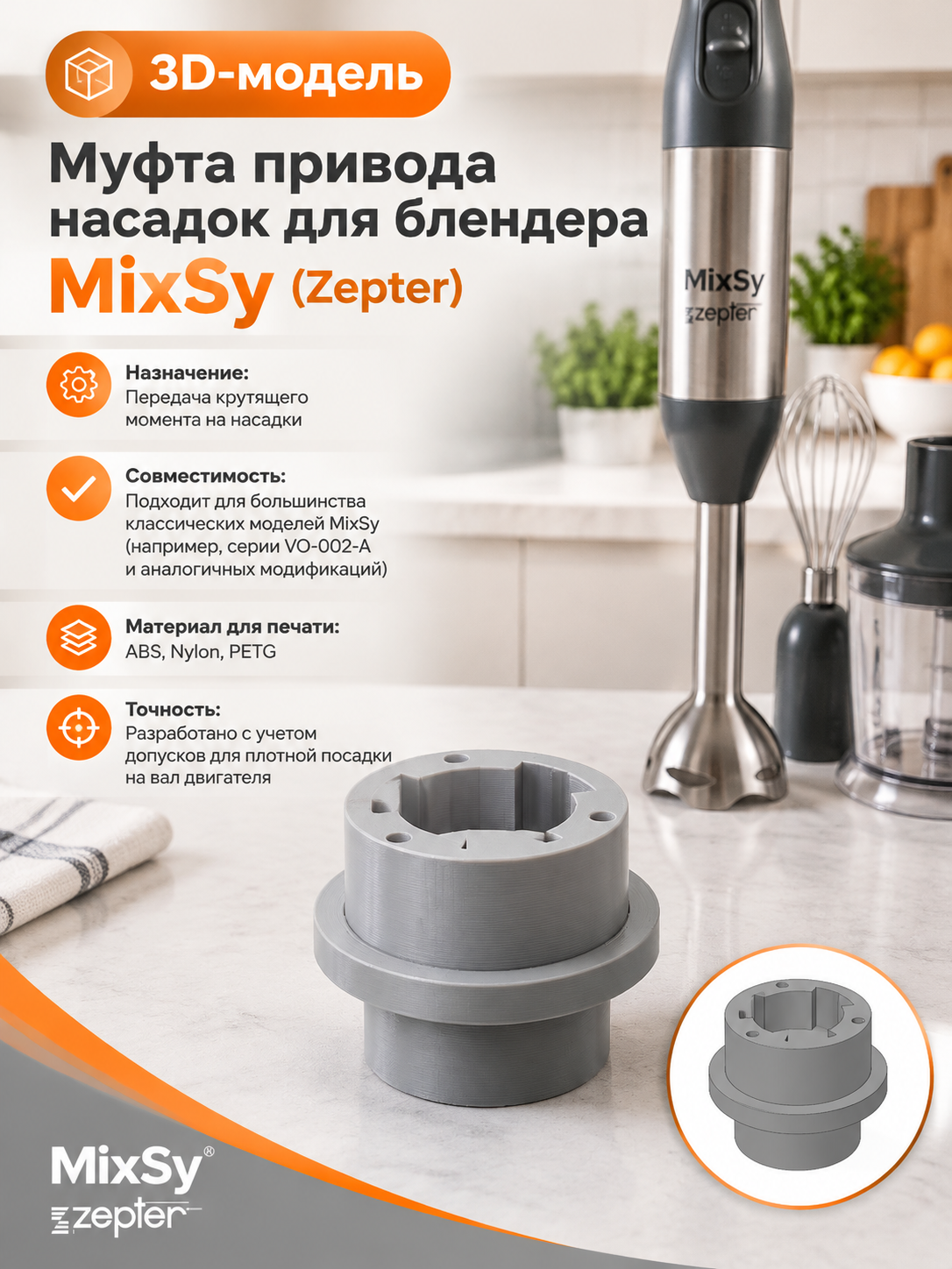 3D-модель Муфта привода насадок для блендера MixSy (Zepter)