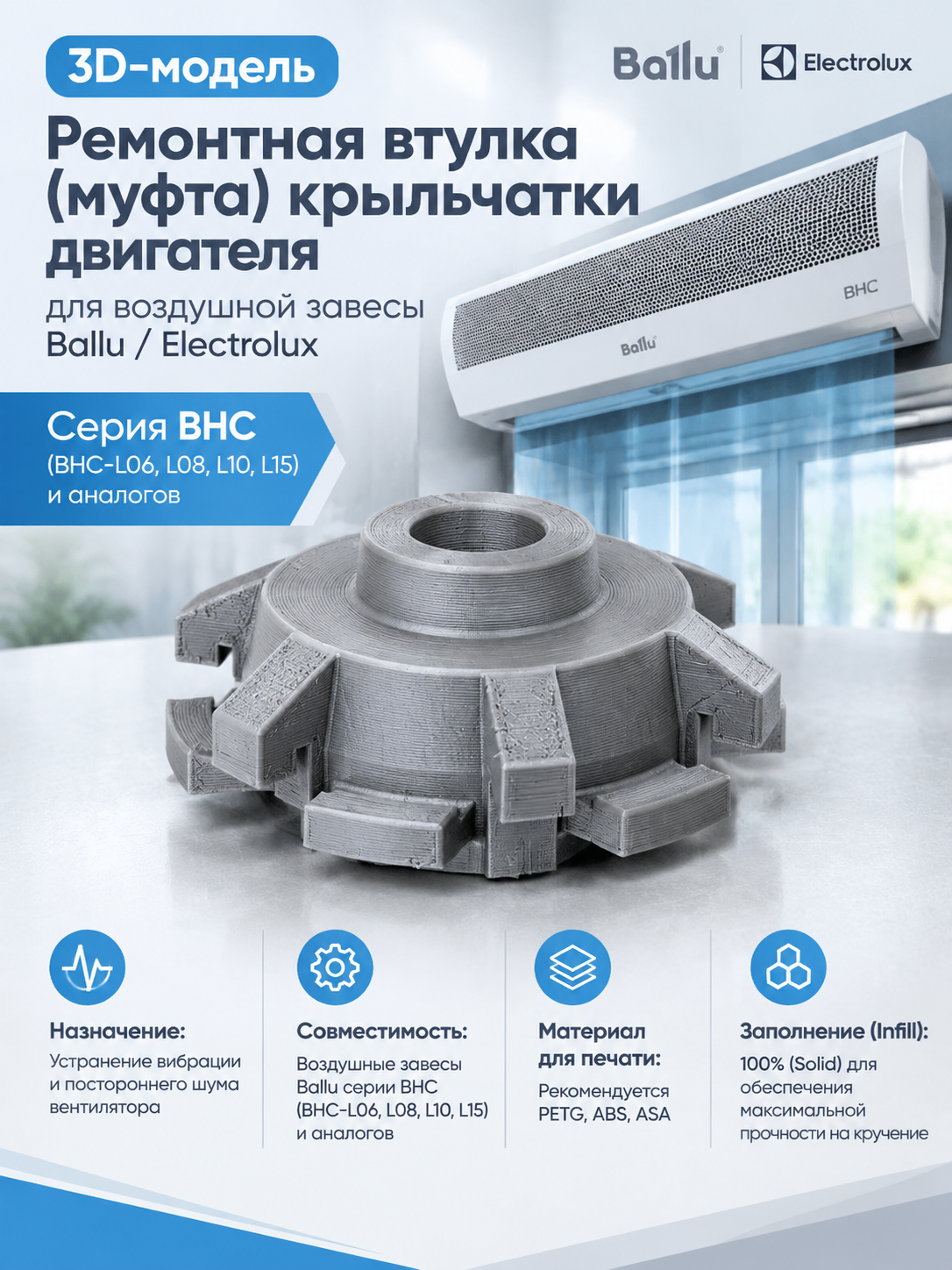 3D-модель Ремонтная втулка (муфта) крыльчатки двигателя для воздушной завесы Ballu / Electrolux