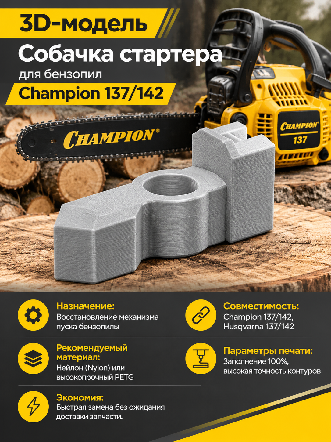 3D-модель Собачка стартера (храповик) для бензопил Champion 137/142 (Husqvarna 137/142)