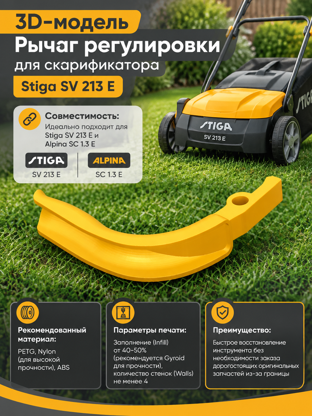 3D-модель Рычаг регулировки / Фиксатор глубины для скарификатора Stiga SV 213 E