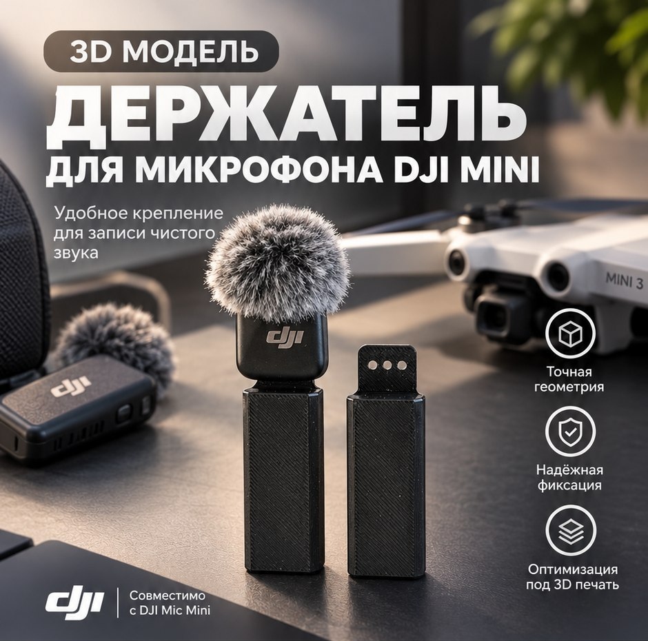 3D модель Держателя микрофона для DJI Mini / Крепление внешнего микрофона на дрон (STL)