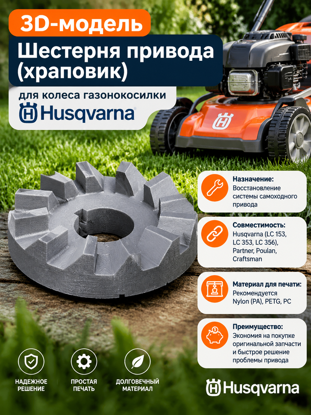 3D-модель Шестерня привода (храповик) для колеса газонокосилки Husqvarna