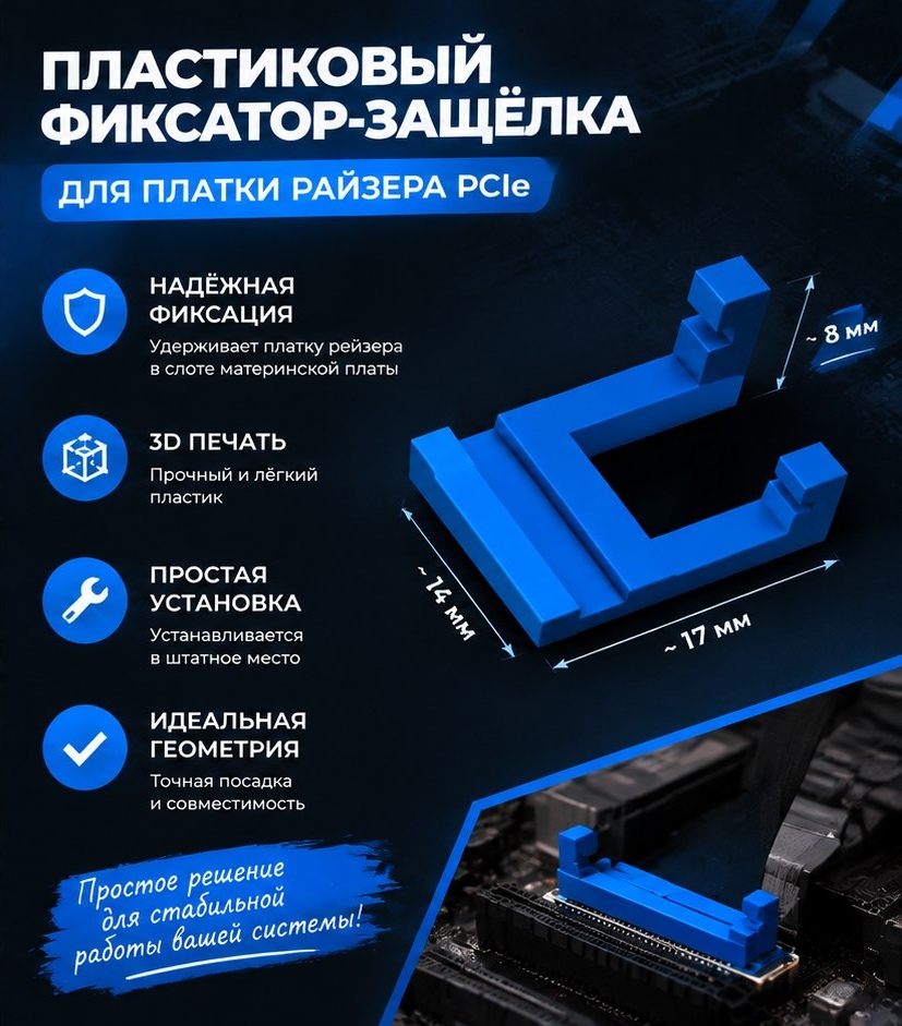 3D модель Пластикового фиксатора-защёлки для PCIe Riser Lock / Защёлка слота материнской платы (STL)
