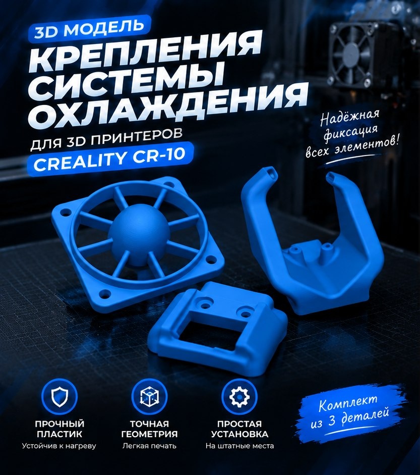 3D модель Крепления системы охлаждения радиатора хотэнда и обдува пластика для Creality CR-10 / Держатель вентилятора и воздуховод (STL)