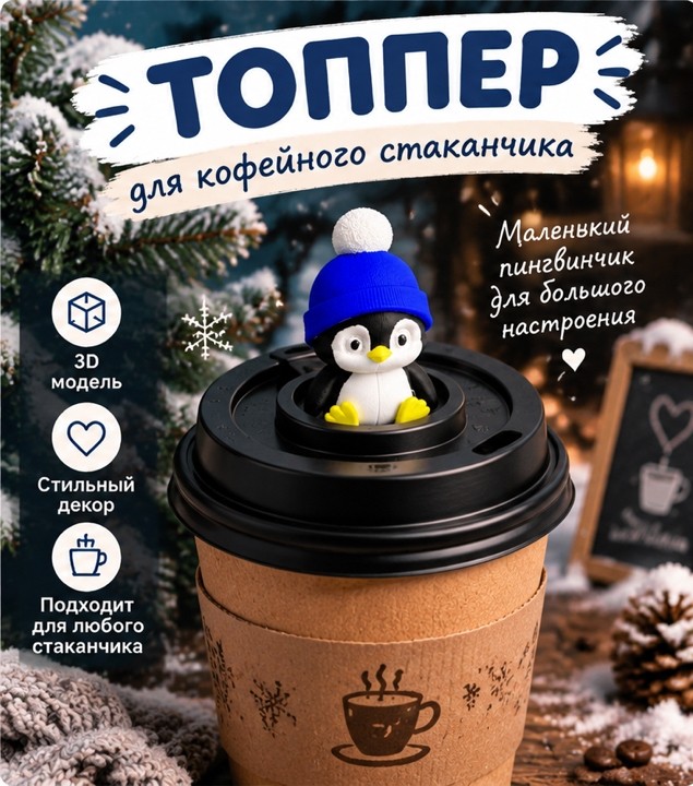 3D модель Топпера-фигурки в виде пингвина на стакан для кофе и горячих напитков / Декор для стакана (STL)