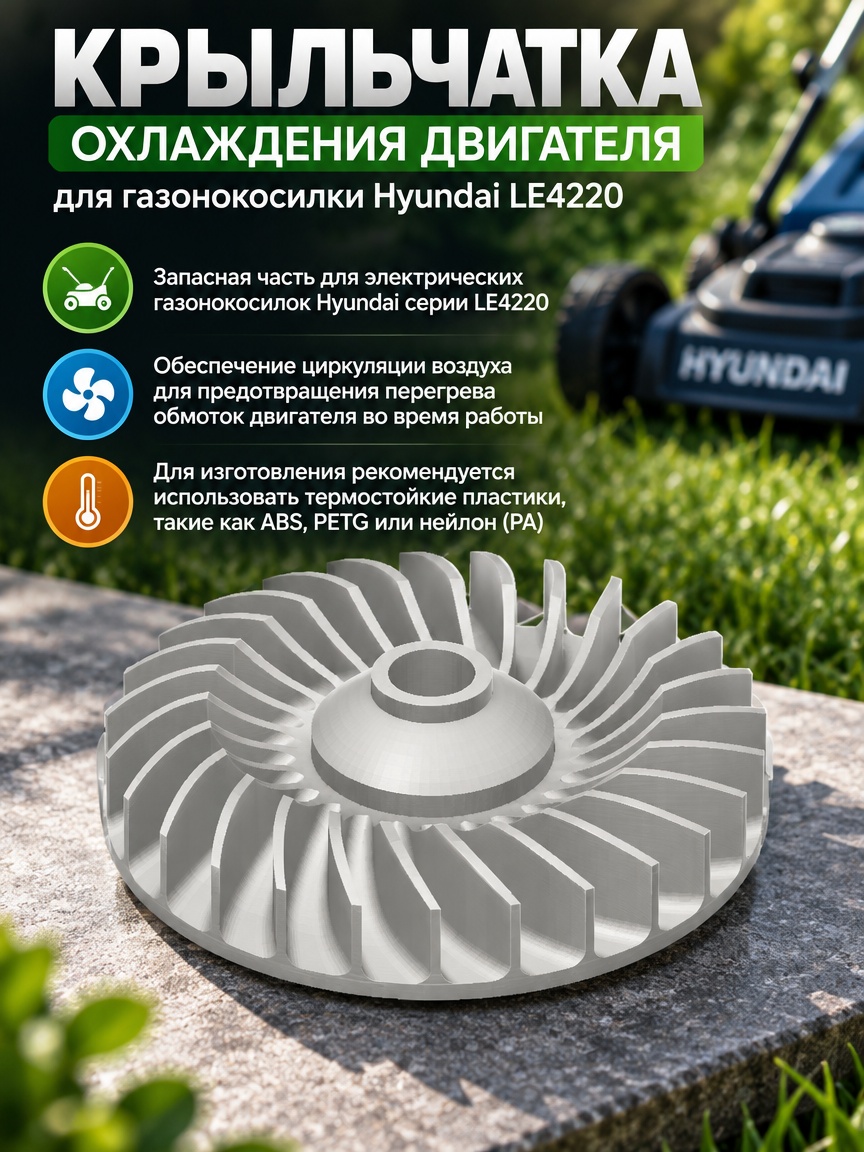 3д модель крыльчатки охлаждения двигателя для газонокосилки Hyundai LE4220