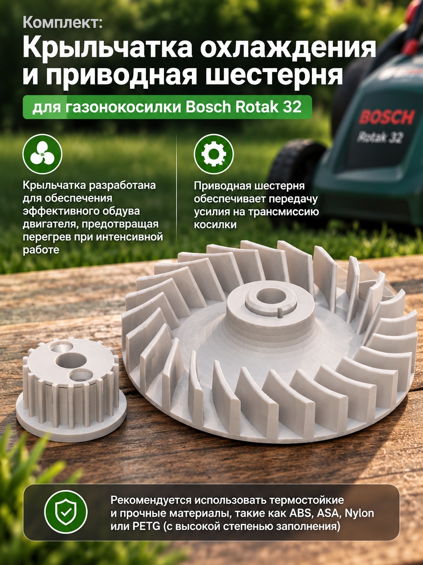 3д модели комплект: Крыльчатка охлаждения и приводная шестерня для газонокосилки Bosch Rotak 32