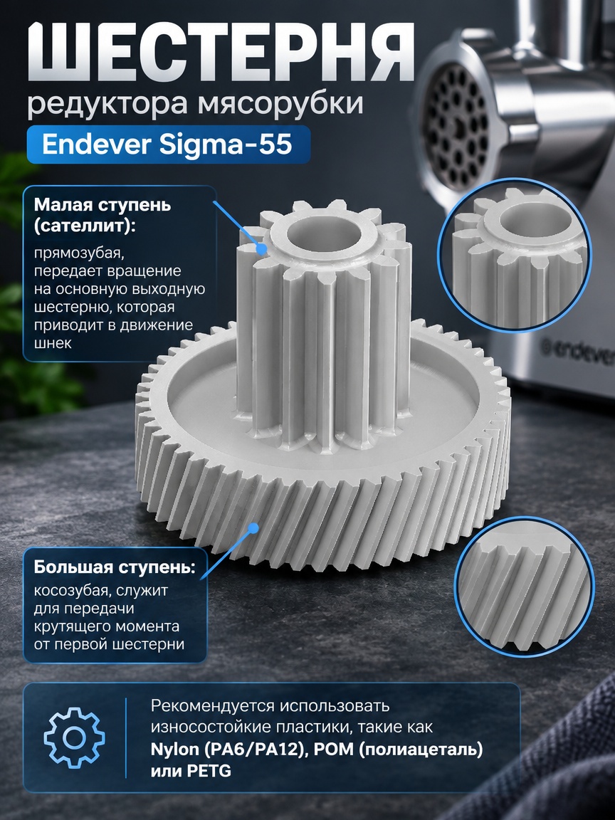 3д модель Шестерня редуктора мясорубки Endever Sigma-55