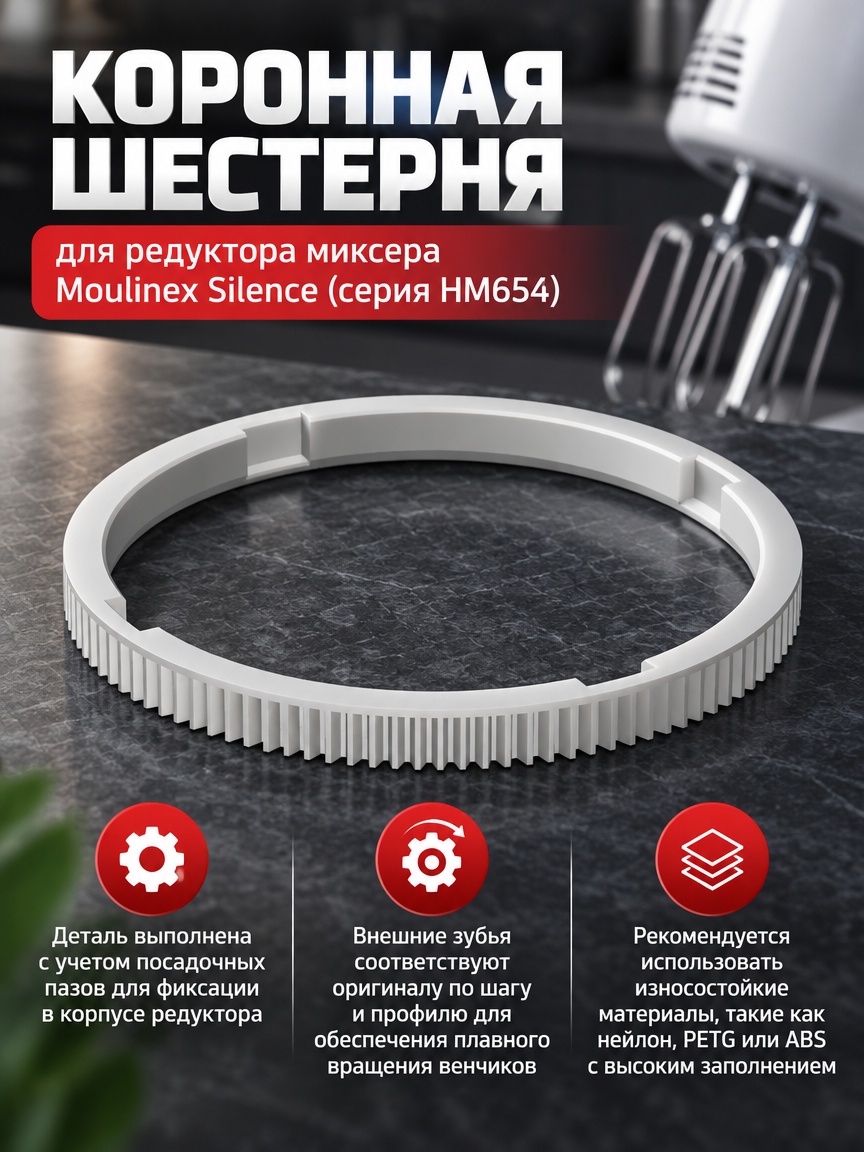 3д модель Коронная шестерня для редуктора миксера Moulinex Silence (серия HM654)