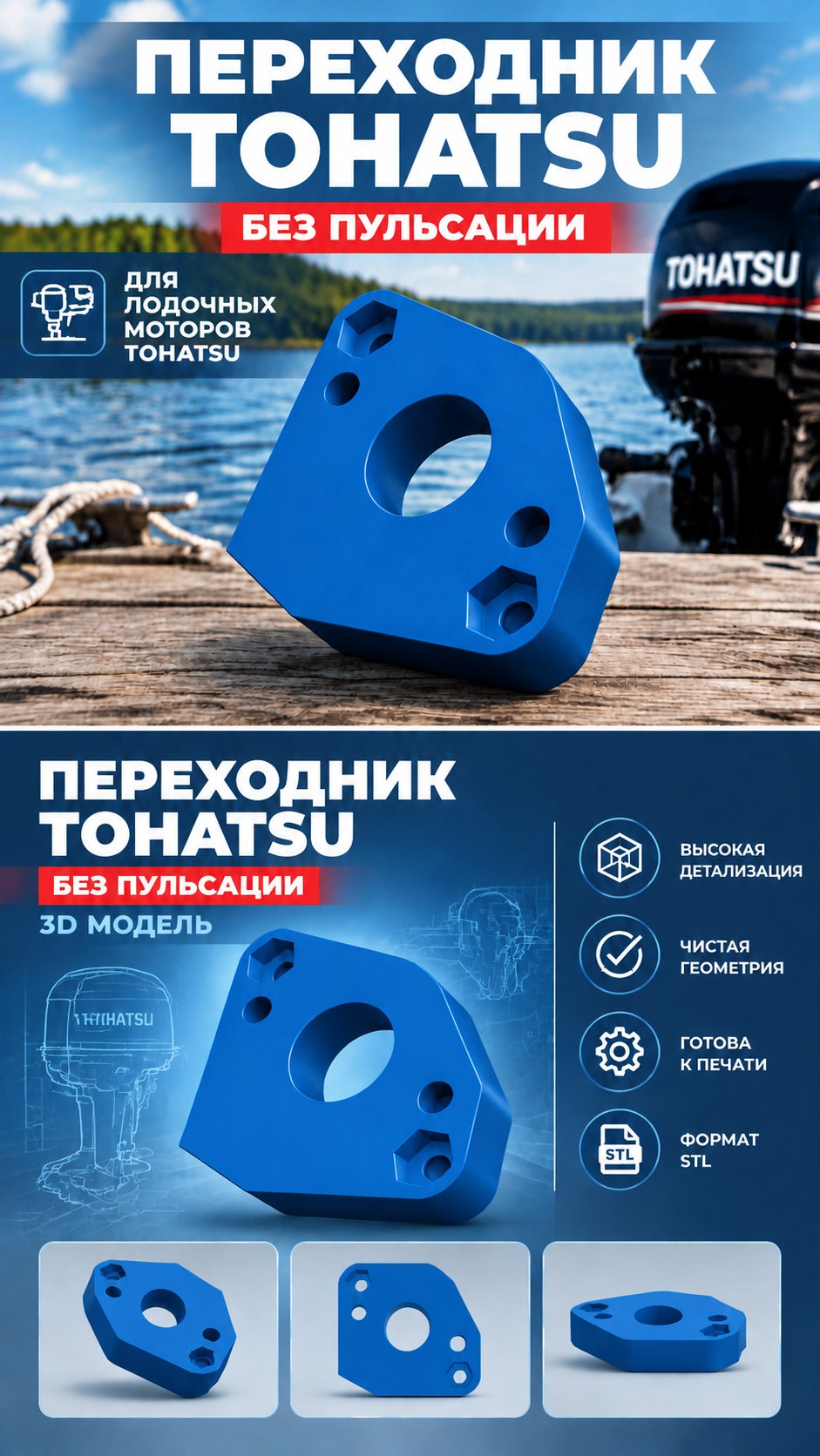 3D модель Переходник Tohatsu без пульсации / Адаптер для лодочного мотора Tohatsu (STL)
